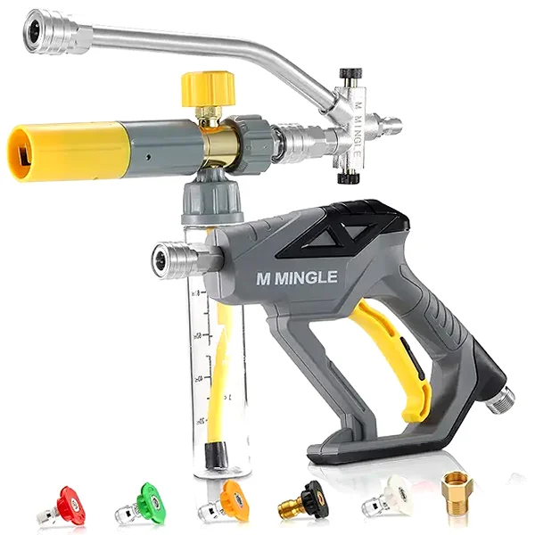 Pressure washer gun paired with mini foam cannon and dual connectors for quick cleaning